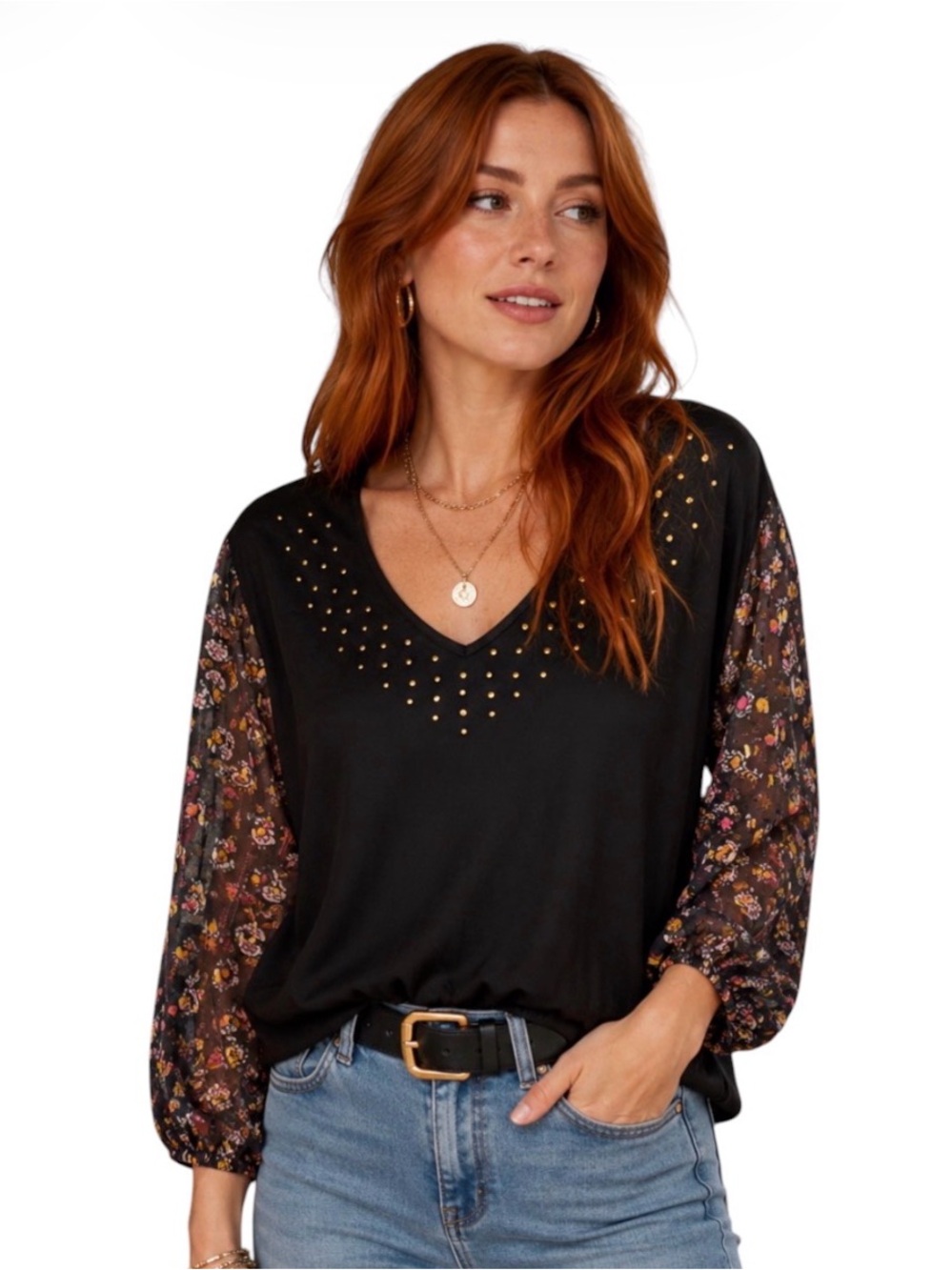 Cure. Mixed Media Black Peasant Blouse Sheer Floral Sleeves